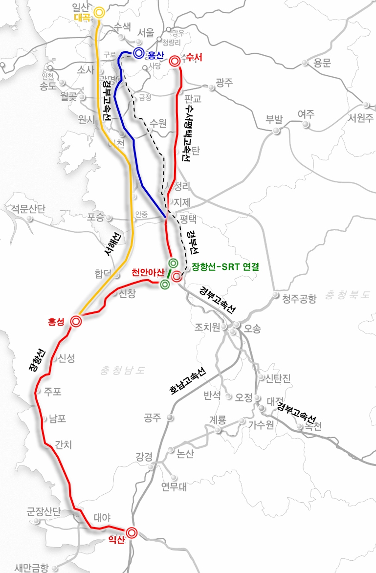 충남도는 장항선-SRT 연결 최적 노선을 찾고, 사업 타당성 분석과 국가계획 반영 논리 발굴 등을 위해 사전 타당성 조사 용역을 시작했다. 사진은 장항선-SRT 연결 위치도. ⓒ충남도