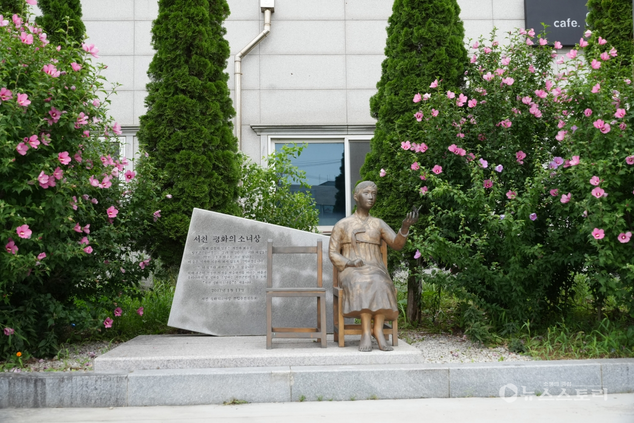 충남 서천군 봄의 마을에 위치한 ‘서천 평화의 소녀상’ 주변에 식재된 무궁화 꽃이 만개했다.